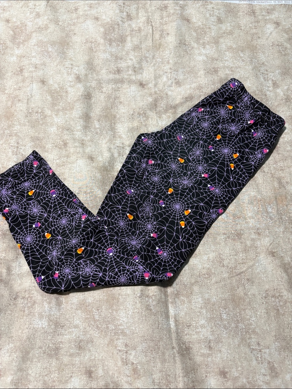 Black Spiderweb Print Kids Leggings with Purple and Orange Accents